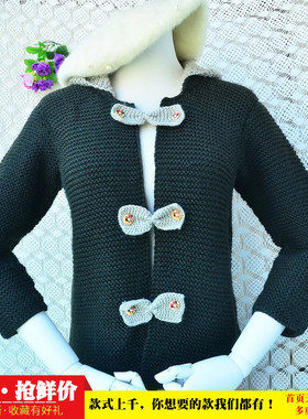 短款小个子深墨绿色连帽针织蝴蝶结扣修身显瘦小码外套羊毛毛衣女