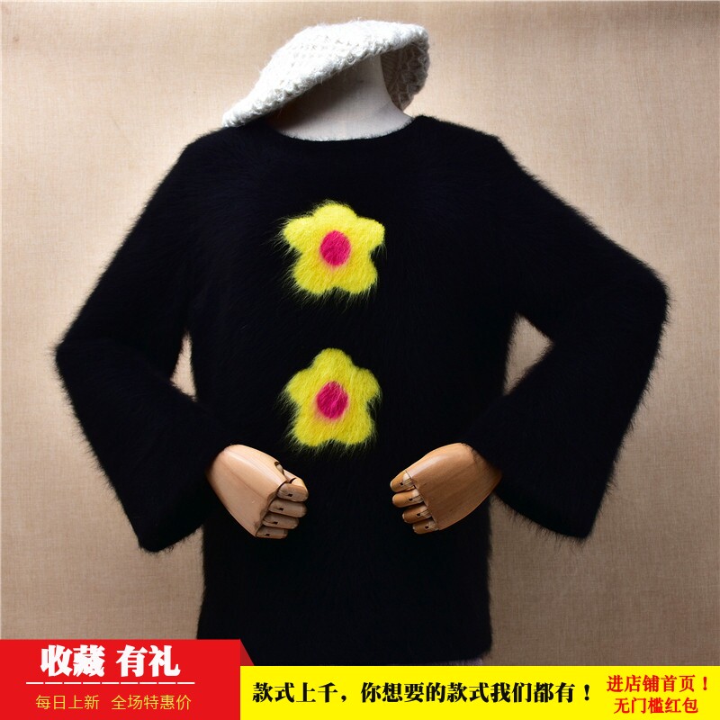 宽松加厚貂绒套头毛衣圆领印花款