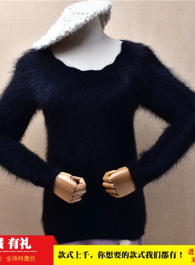 爱客秋冬款优雅风ins长毛貂绒黑色花边圆领修身显瘦套头毛衣女514