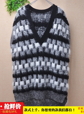 中长款秋冬黑色格子V领背心开衩ins长毛貂绒宽松显瘦无袖套头191