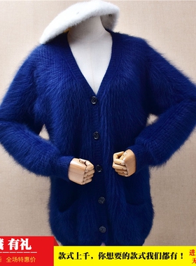 中长款冬季粗砂条纹加厚深蓝色v领ins长毛貂绒韩版宽松外套女308