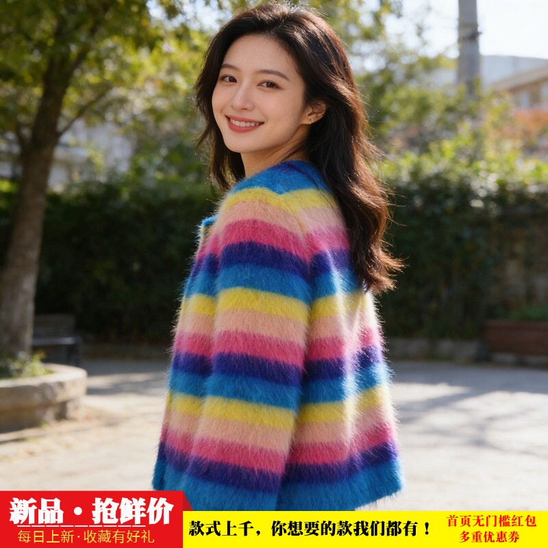 长毛貂绒彩虹条纹开衫女 2026早春短款韩系慵懒风宽松软糯外套553