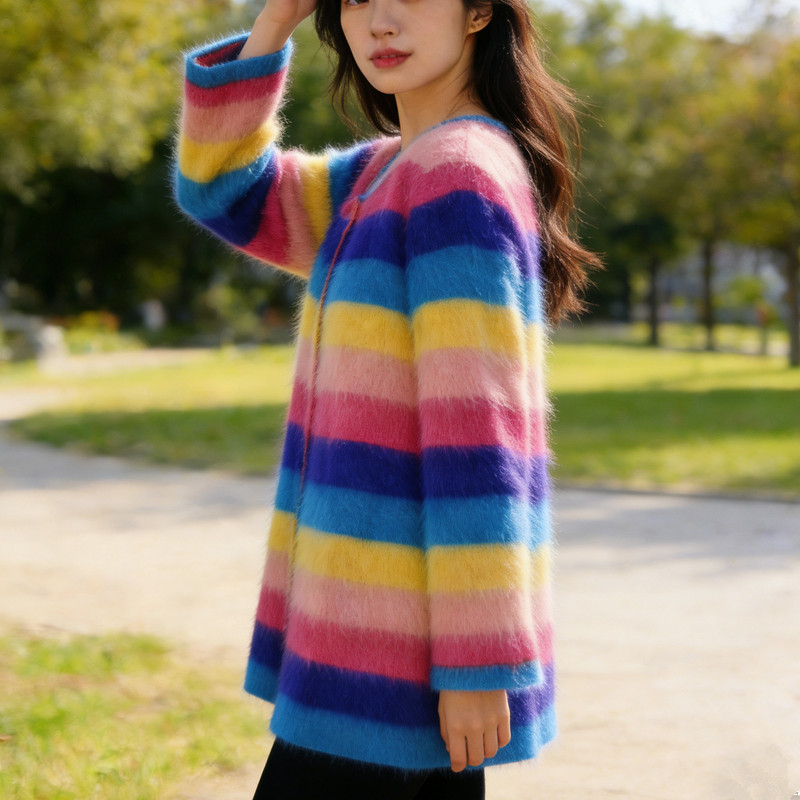 高级感长毛貂绒彩虹条纹开衫女 2026款宽松中长款软糯外套上衣340