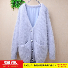 爱客秋冬中长款ins长毛貂绒浅灰色v领条纹珠花扣宽松外套毛衣176