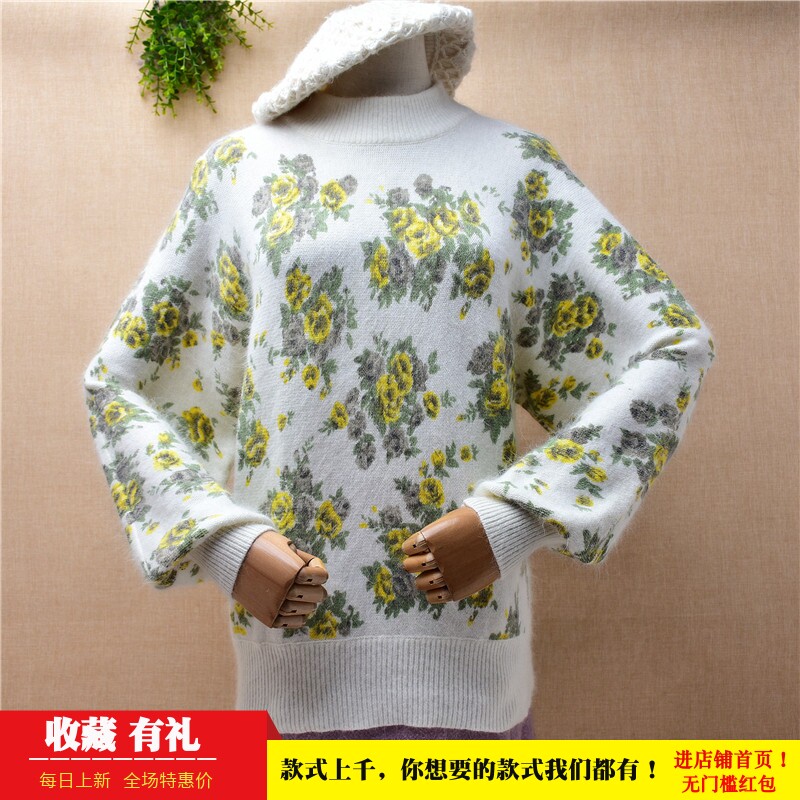 秋冬气质兔毛半高领灯笼袖套头