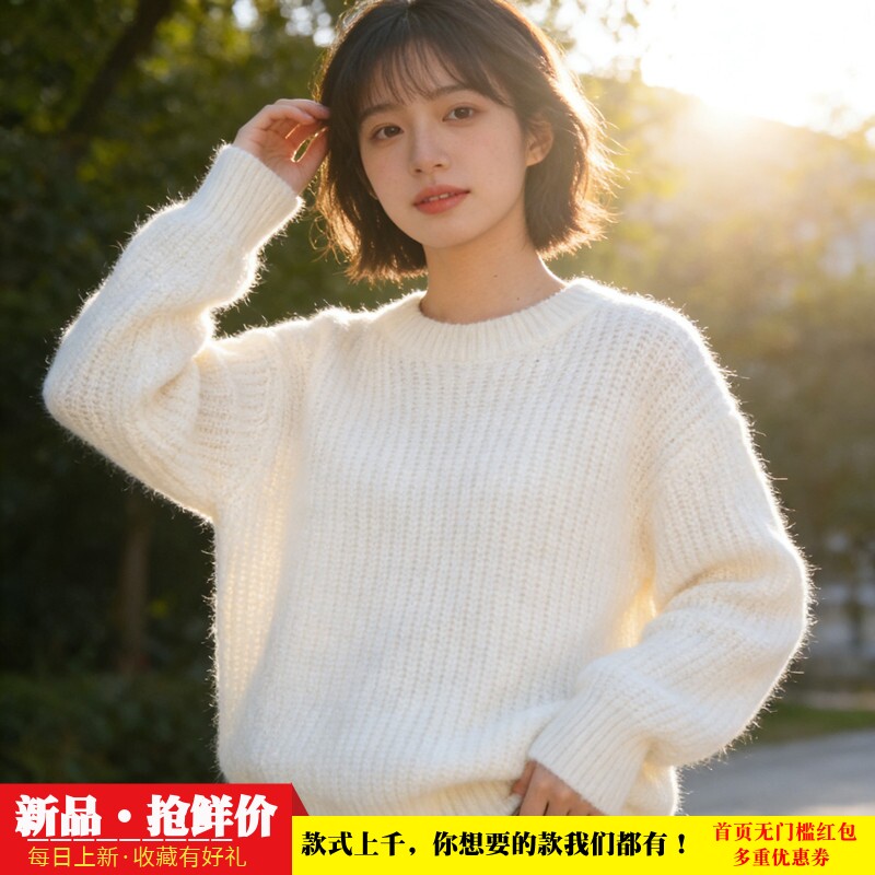 长毛貂绒白色毛衣女 2026新款韩系慵懒风宽松软糯圆领针织上衣339