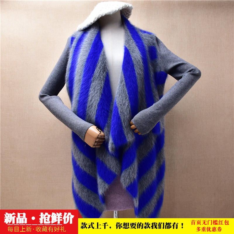 中长款秋冬ins长毛貂绒蓝灰拼色大翻领披风修身显瘦外套毛衣女89