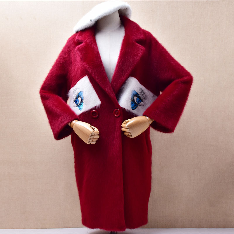 奢华冬季加厚中长款酒红色西装领刺绣款ins长毛貂绒宽松外套女476
