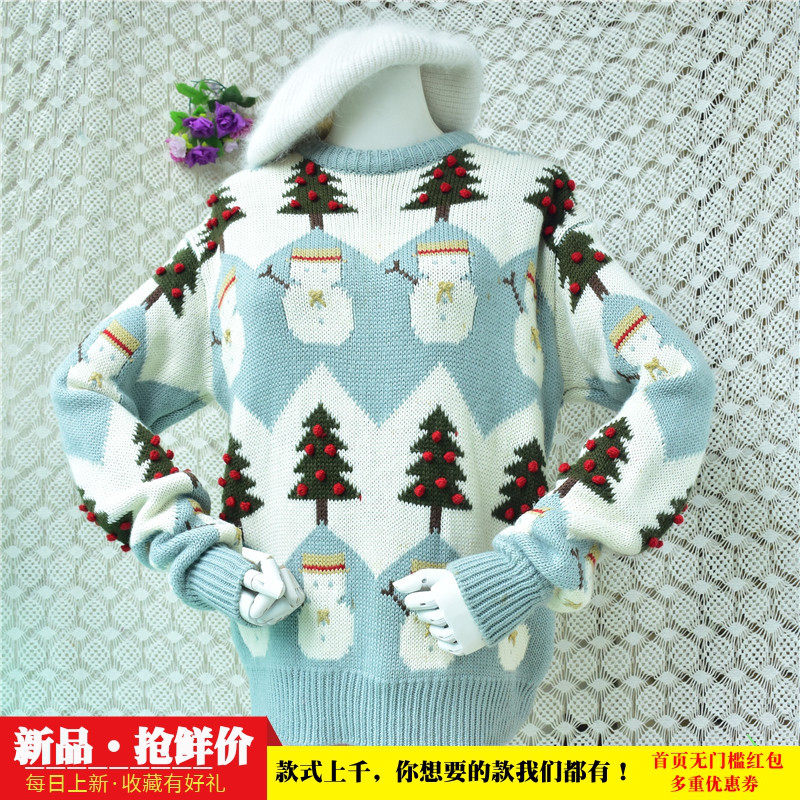 圣诞风羊毛套头毛衣女 浅蓝雪人圣诞树提花红色毛球宽松秋冬10