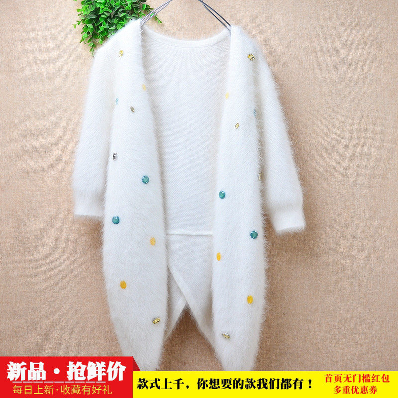 中长款加厚秋冬ins长毛貂绒白色镶钻开衩款披风修身显瘦外套女300