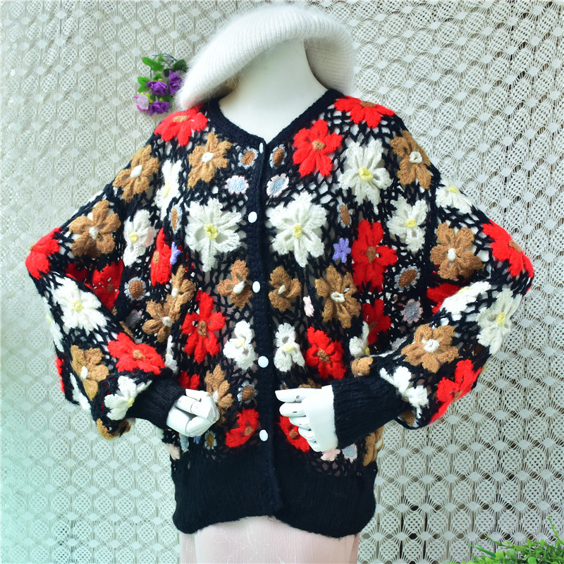 手工钩织彩色花朵针织开衫女 重工立体花V领宽松镂空毛衣外套111
