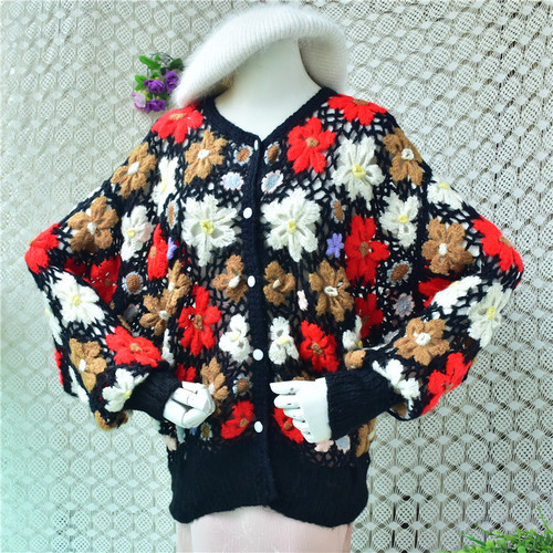 手工钩织彩色花朵针织开衫女 重工立体花V领宽松镂空毛衣外套111