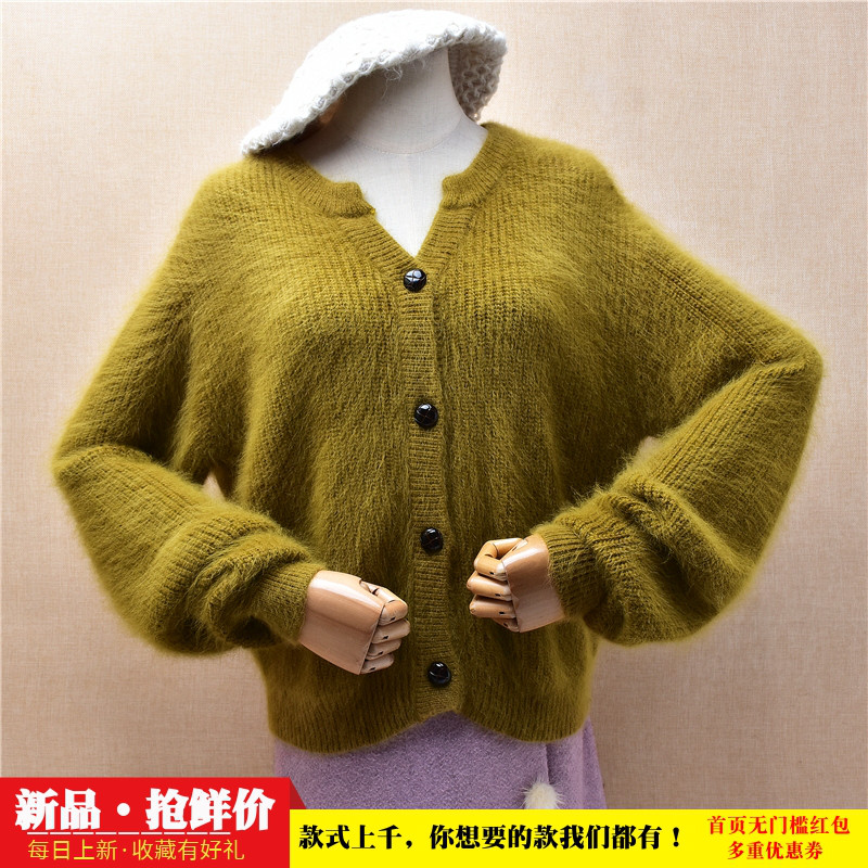 粗砂加厚短款ins长毛貂绒芥末绿条纹韩版宽松慵懒风外套毛衣女48