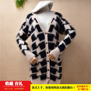 中长款秋冬ins长毛貂绒卡其色米格款v领修身显瘦开衫外套毛衣女