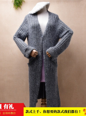 长款秋冬chic安哥拉兔毛麻灰色条纹披风修身显瘦开衫外套毛衣Y155