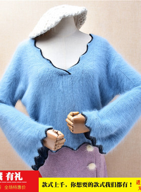 短款秋冬ins长毛貂绒天蓝色v领花边韩版宽松喇叭袖套头毛衣女114