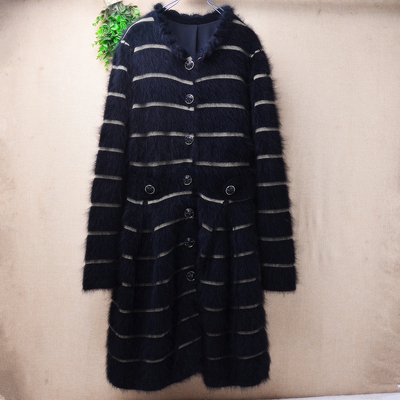 高级感轻奢中长款秋冬黑色条纹ins长毛貂绒修身显瘦开衫外套女184