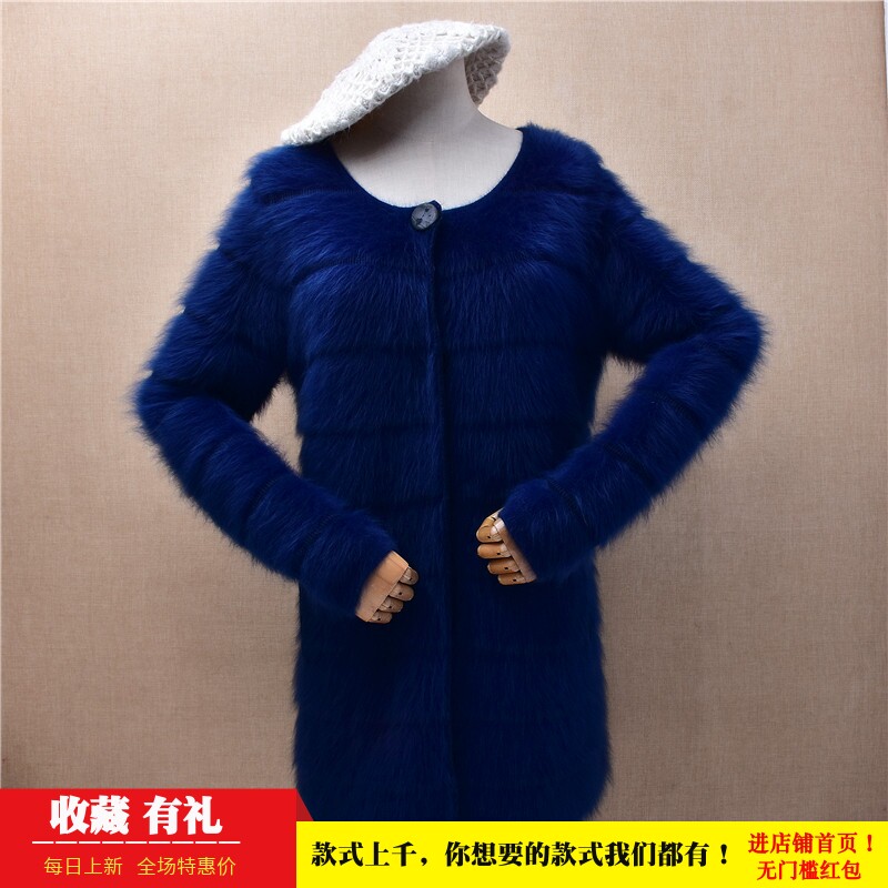 冬季加厚中长款ins长毛貂绒深蓝色圆领条纹宽松显瘦外套毛衣女263