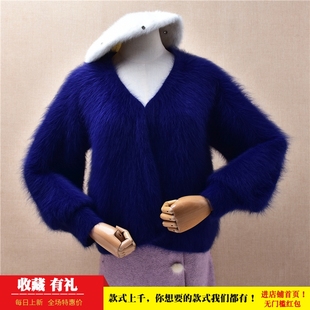 短款加厚灯笼袖ins长毛貂绒深紫色v领宽松显瘦保暖外套毛衣女212