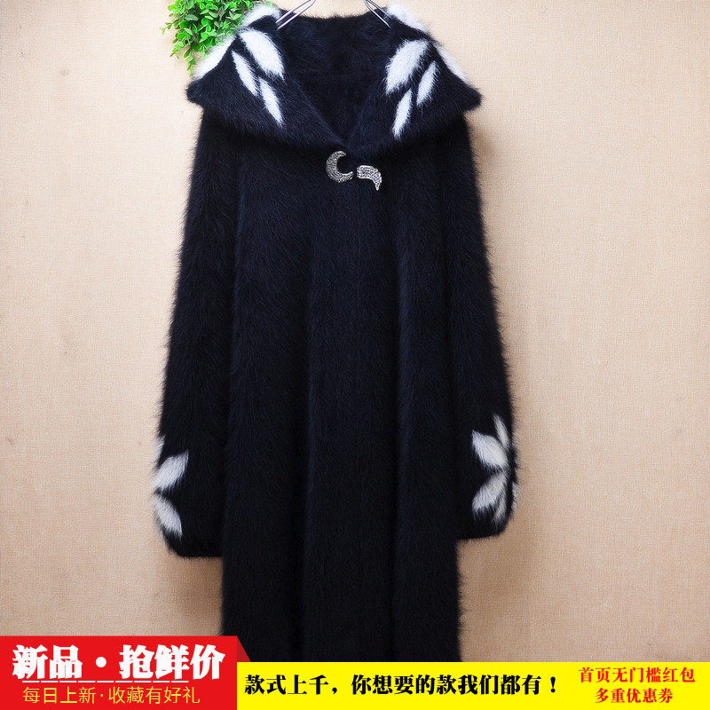 冬季加厚中长款ins长毛貂绒黑色印花款娃娃领泡泡袖外套毛衣女528