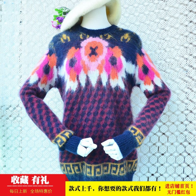 绝美中长款秋冬时尚减龄费尔岛印花圆领chic马海毛套头长袖毛衣女