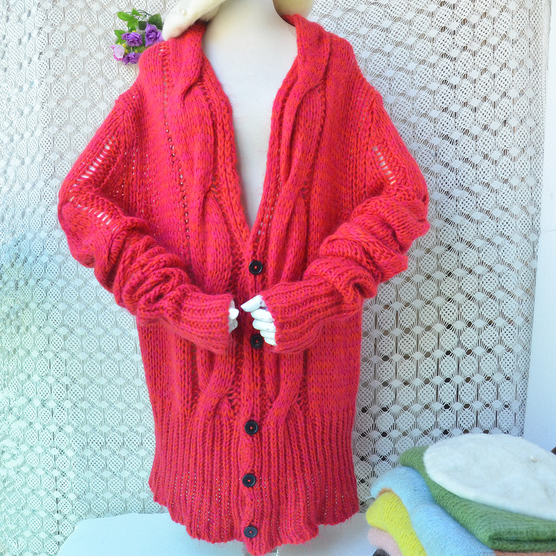 2026春秋中长款时尚红色麻花条纹chic马海毛宽松慵懒外套毛衣333