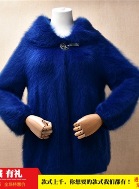 爱客秋冬深蓝色长毛水貂绒时尚翻领搭扣泡泡袖开衫外套毛衣女n13