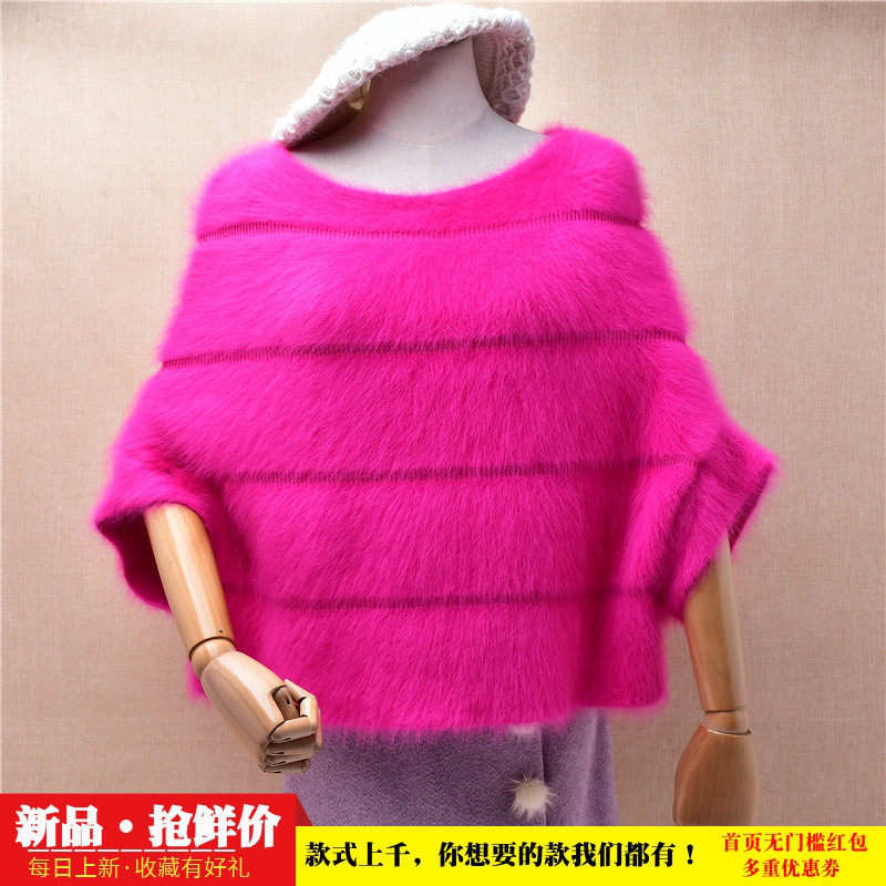 超气质秋冬ins长毛貂绒玫红色圆领条纹韩版宽松蝙蝠短袖套头女373