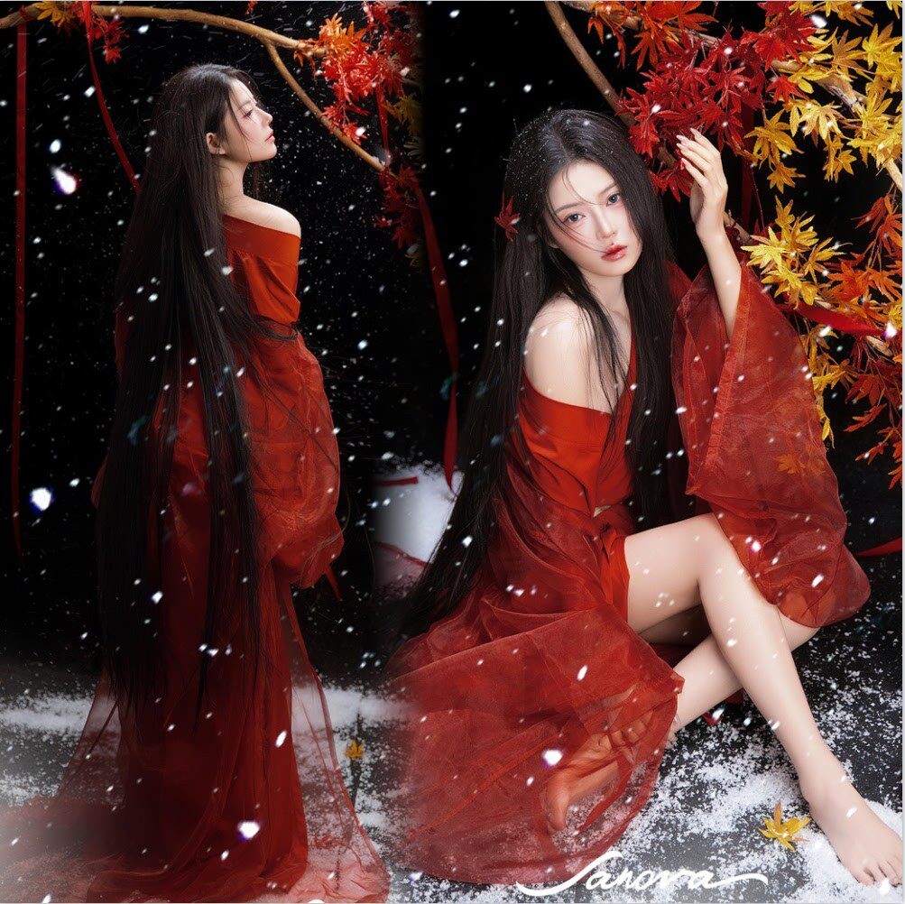 影楼拍照红色古装汉服女魏晋风流仙裙纯欲风艺术照写真古风连衣裙