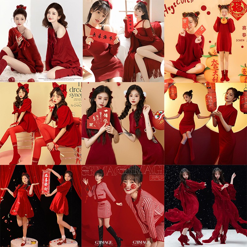 影楼新年主题拍照服装红色蛇年中国风喜庆旗袍个人写真艺术照摄影