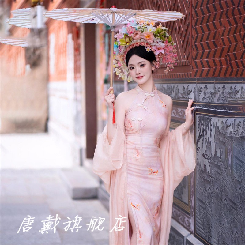 浔埔女簪花新中式写真服装复古粉色旗袍民族风外景旅拍摄影洋装