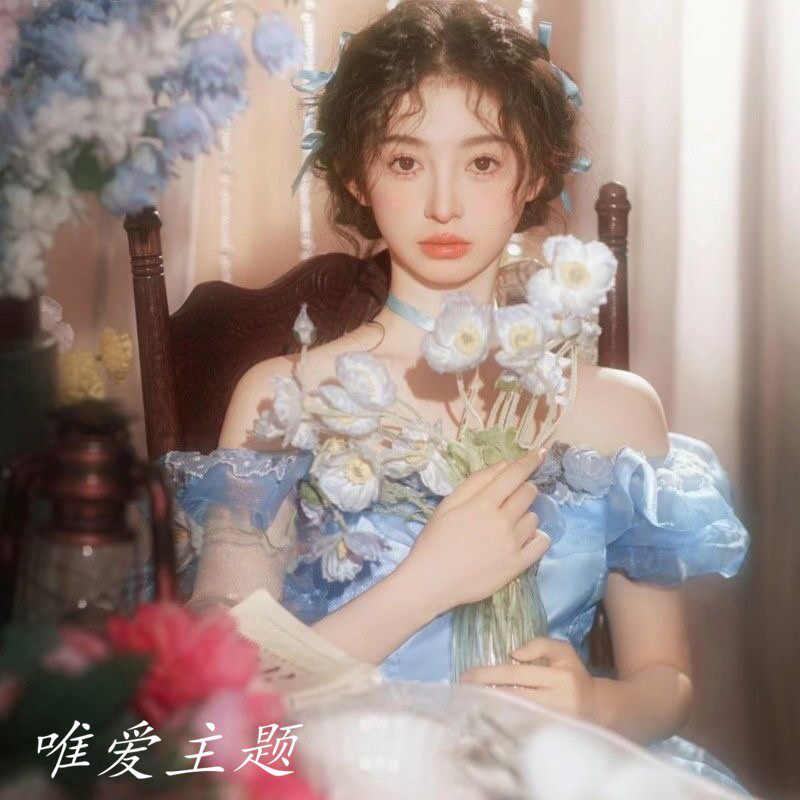 照相馆摄影新款复古婚纱写真主题服装宫廷超仙法式蓝色礼服艺术照