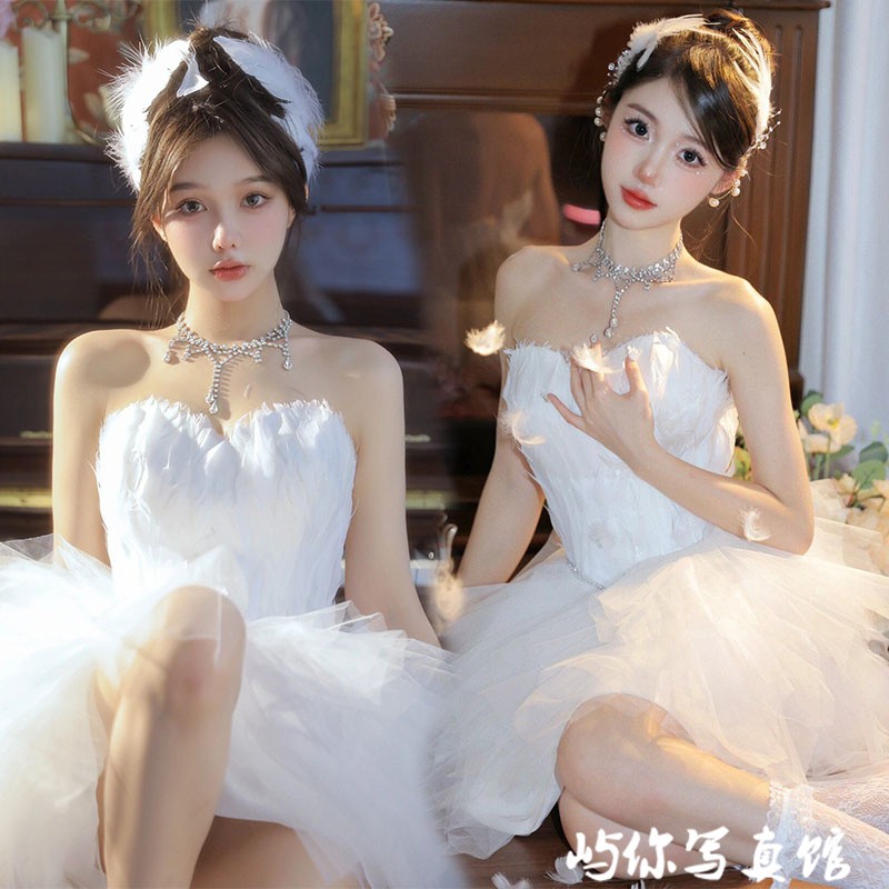 白色天鹅抹胸连衣裙芭蕾舞蹈短裙私房少女梦幻天使精灵艺术照服装