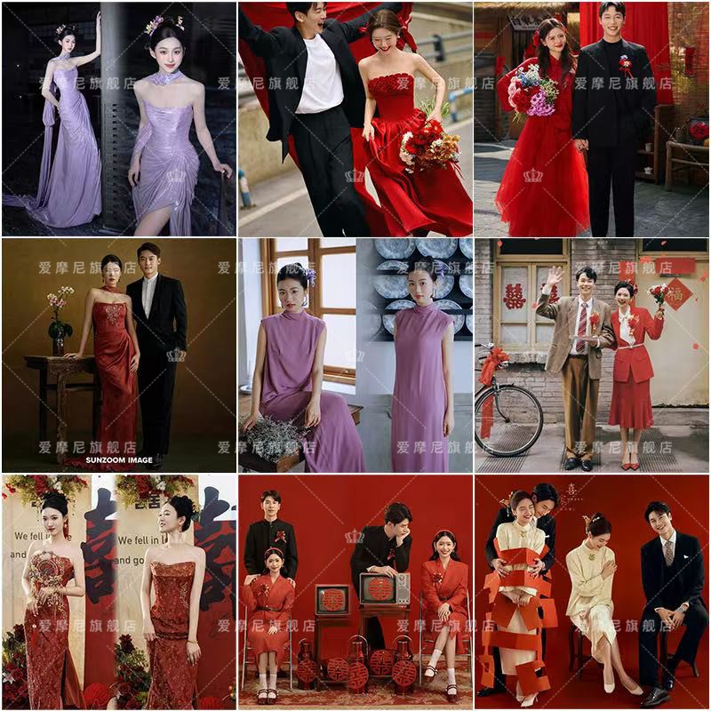 影楼新款复古红色喜嫁年代感婚纱摄影中式情侣结婚照晨袍敬酒礼服