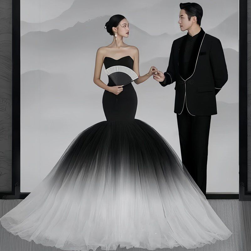 新款照相馆摄影主题服装婚纱旅拍外景复古工笔画园林中式黑色鱼尾