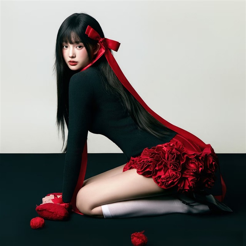 韩杂甜美风黑色蝴蝶结立体花朵连衣裙影楼摄影服装氛围感