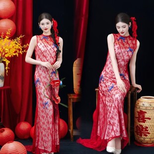 中式 长裙 国风复古晨袍礼服新娘订婚宴敬酒高级感小众无袖