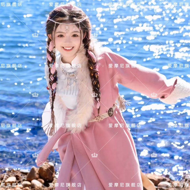 2026新款藏袍藏族服装女写真旅拍粉色毛领西藏民族风服饰藏裙长袍