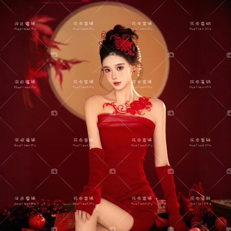 影楼新年主题新款个人写真拍照复古红色旗袍少女艺术照摄影服装