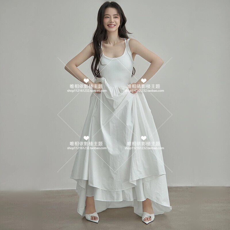 影楼婚纱摄影高级感肖像艺术照韩系极简白色连衣裙个人写真服装