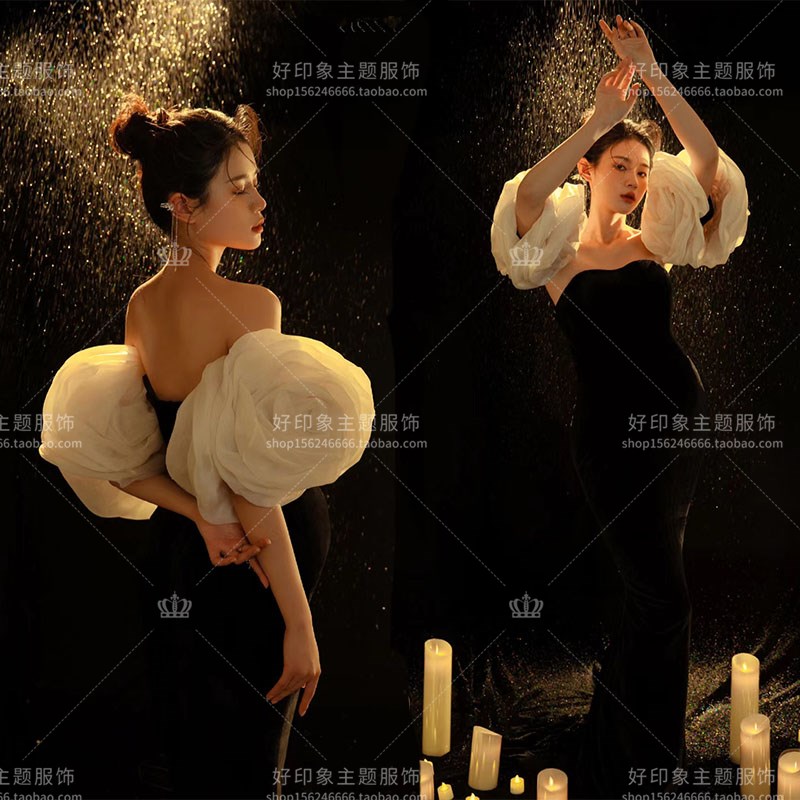 孕妇照服装影楼新款复古黑色高级感丝绒礼服孕妈修身孕妇拍照衣服