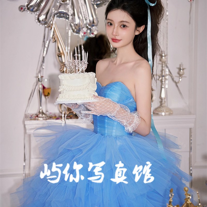 影楼主题蓝色抹胸婚纱甜美时尚超仙公主风轻奢旅拍摄影婚纱蓬蓬裙
