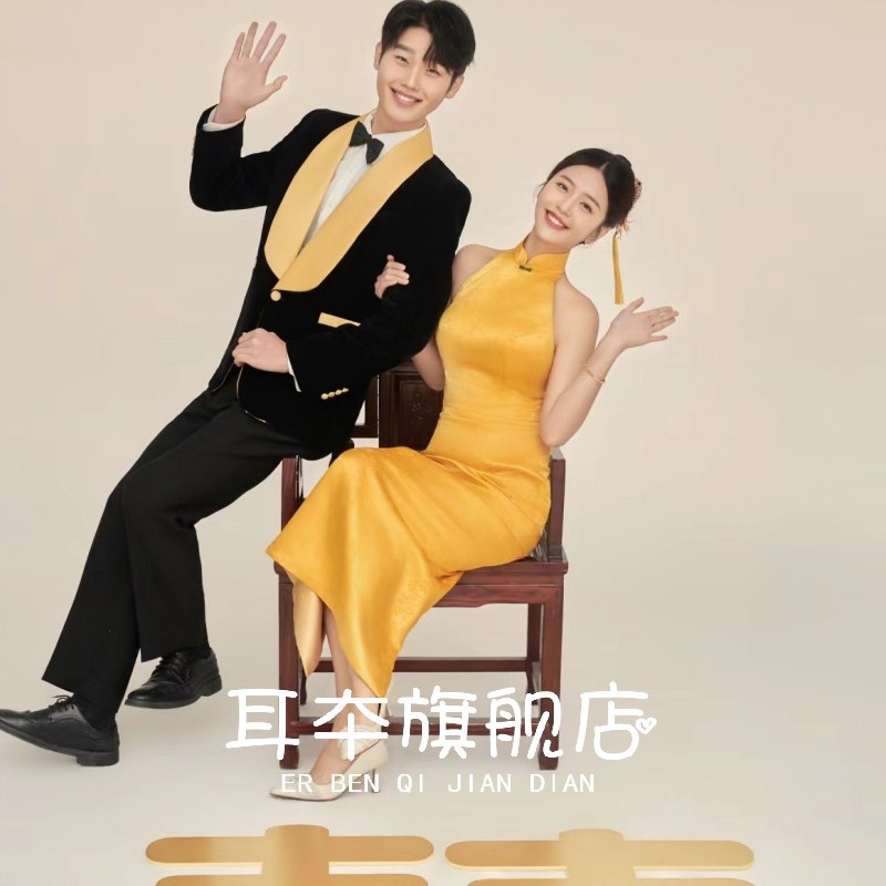 新款影楼拍照主题服装情侣摄影中式旗袍美背修身国风复古婚纱礼服