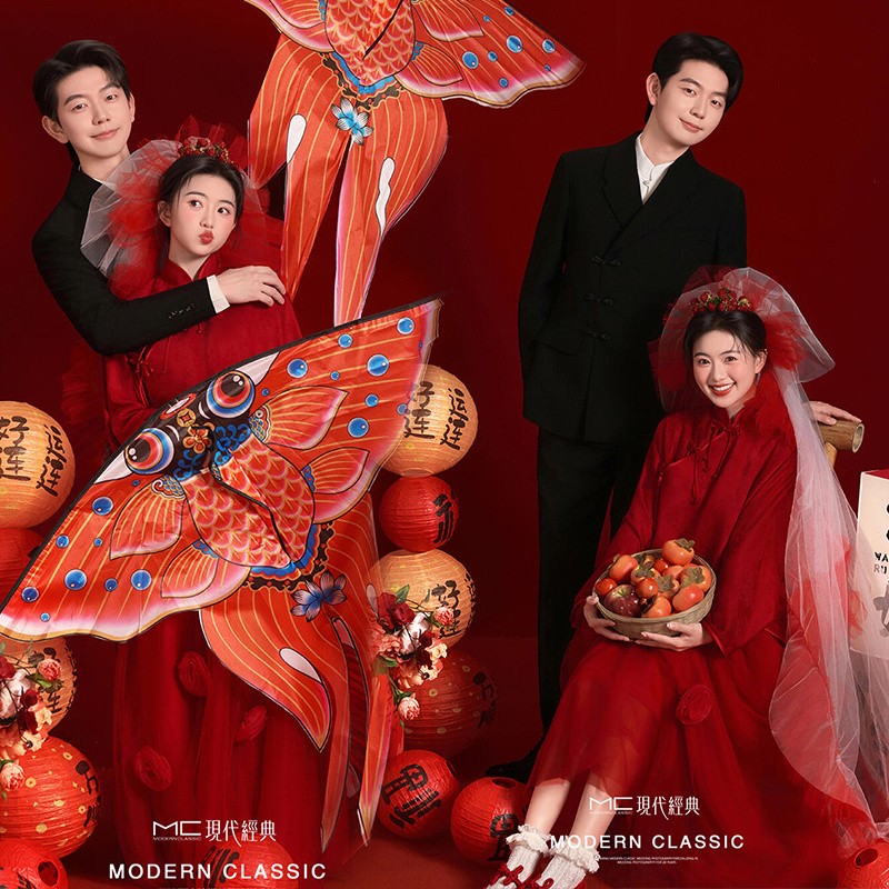 影楼中式情侣主题摄影服装喜嫁结婚新款复古新娘红色订婚敬酒礼服