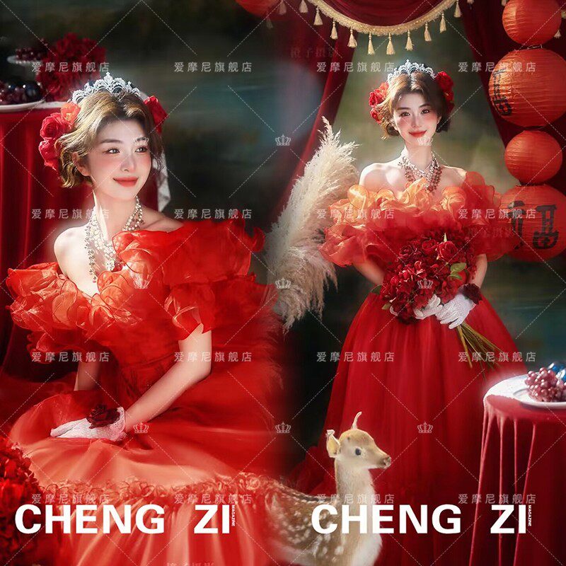 影楼法式复古油画风梦幻少女红色港风连衣裙个人巴洛克风拍照服装
