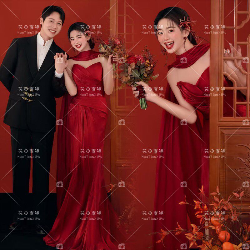 法式抹胸结婚礼服 新中式红色喜嫁婚纱 影楼拍照主题服装 2026夏