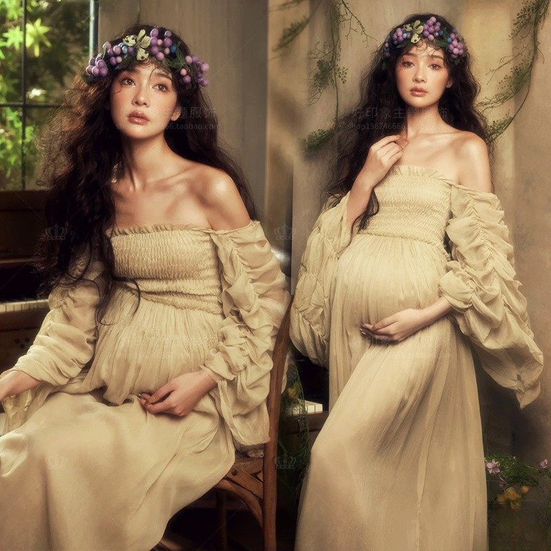 影楼新款法式复古油画风孕妇拍照服装氛围感孕妈咪褶皱连衣裙写真,男装,其他民族服装,淘宝优惠券,粉丝福利购,淘宝优惠卷