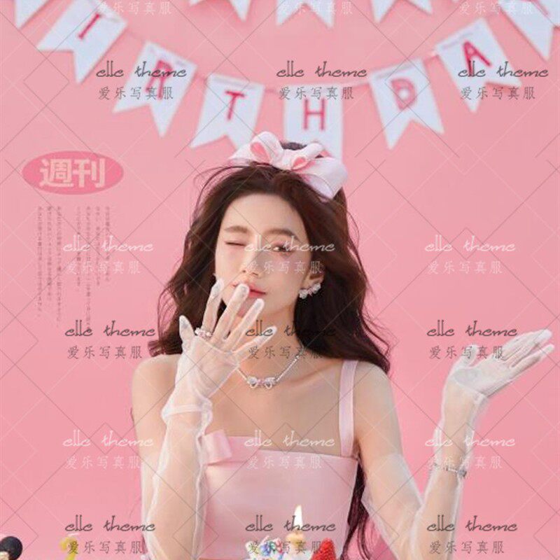 甜美少女生日派对在逃公主影楼写真服粉色吊带分体蛋糕蓬蓬裙彩纱