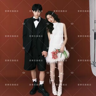 2025新款旅拍轻婚纱森系短款小众羽毛甜美风领证小白裙登记礼服春