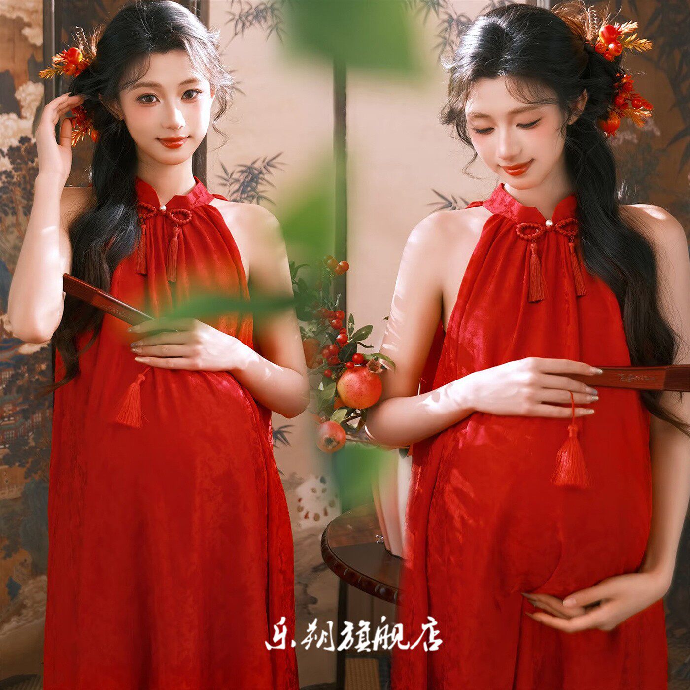 影楼新中式主题孕妇照写真红色国风旗袍氛围感孕妈咪大肚照摄影服